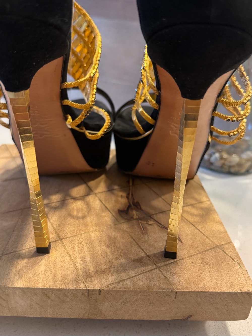 🔥RARE FIND! Frances Cosacco Black & Gold Crystal-Embellished Gold Stiletto Heels - Picture 10 of 12